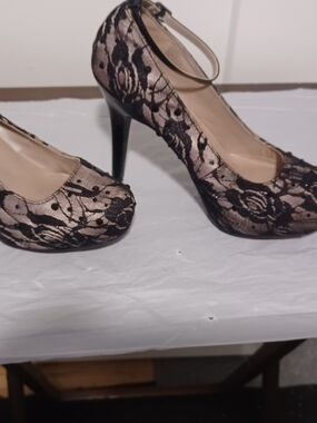 Madeline Black Lace over Nude Platform Ankle-Strap Heels